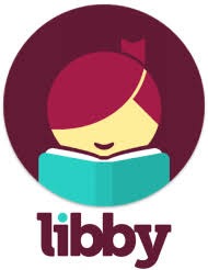 Libby Logo: Simplified circular icon of girl reading a book. Dark red and teal colours.
