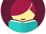 Libby Logo: Simplified circular icon of girl reading a book. Dark red and teal colours.
